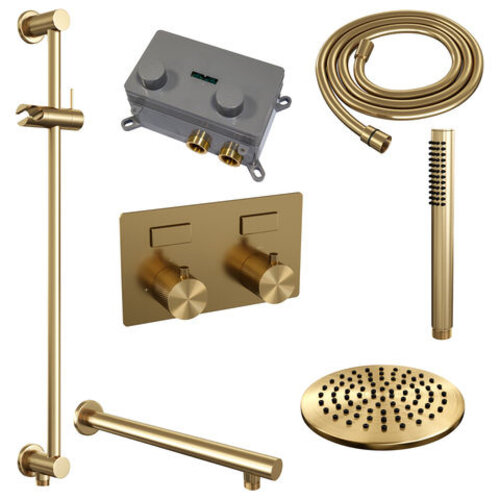 Brauer Brauer Gold Carving thermostatische inbouw regendouche met drukknoppen SET 61 met 20 cm douchekop en rechte muurarm en staaf handdouche en doucheslang en geïntegreerde glijstang goud geborsteld PVD | Geborsteld goud PVD | 20cm | Ja | Rechte wandarm | Staa