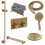 Brauer Brauer Gold Carving thermostatische inbouw regendouche met drukknoppen SET 67 met 20 cm douchekop en rechte muurarm en 3-standen handdouche en doucheslang en geïntegreerde glijstang goud geborsteld PVD | Geborsteld goud PVD | 20cm | Ja | Rechte wandarm |