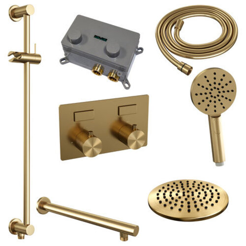 Brauer Brauer Gold Carving thermostatische inbouw regendouche met drukknoppen SET 67 met 20 cm douchekop en rechte muurarm en 3-standen handdouche en doucheslang en geïntegreerde glijstang goud geborsteld PVD | Geborsteld goud PVD | 20cm | Ja | Rechte wandarm |