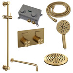 Brauer Brauer Gold Carving thermostatische inbouw regendouche met drukknoppen SET 69 met 20 cm douchekop en gebogen muurarm en 3-standen handdouche en doucheslang en geïntegreerde glijstang goud geborsteld PVD | Geborsteld goud PVD | 20cm | Ja | Gebogen wandarm