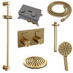 Brauer Brauer Gold Carving thermostatische inbouw regendouche met drukknoppen SET 71 met 20 cm douchekop en plafondarm en 3-standen handdouche en doucheslang en geïntegreerde glijstang goud geborsteld PVD | Geborsteld goud PVD | 20cm | Ja | Plafondbuis | Rond mo