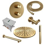 Brauer Brauer Gold Carving thermostatische inbouw regendouche 3-weg rond SET 74 met 30 cm douchekop en rechte muurarm en staaf handdouche en doucheslang en wandaansluitbocht goud geborsteld PVD | Geborsteld goud PVD | 30cm | Nee | Rechte wandarm | Staafmodel