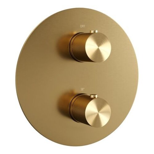 Brauer Brauer Gold Carving thermostatische inbouw regendouche 3-weg rond SET 74 met 30 cm douchekop en rechte muurarm en staaf handdouche en doucheslang en wandaansluitbocht goud geborsteld PVD | Geborsteld goud PVD | 30cm | Nee | Rechte wandarm | Staafmodel