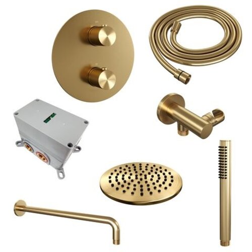 Brauer Brauer Gold Carving thermostatische inbouw regendouche 3-weg rond SET 75 met 20 cm douchekop en gebogen muurarm en staaf handdouche en doucheslang en wandaansluitbocht goud geborsteld PVD | Geborsteld goud PVD | 20cm | Nee | Gebogen wandarm | Staafmodel