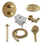 Brauer Brauer Gold Carving thermostatische inbouw regendouche 3-weg rond SET 83 met 20 cm douchekop en plafondarm en 3-standen handdouche en doucheslang en wandaansluitbocht goud geborsteld PVD | Geborsteld goud PVD | 20cm | Nee | Plafondbuis | 3-standen handdou
