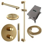 Brauer Brauer Gold Carving thermostatische inbouw regendouche 3-weg rond SET 85 met 20 cm douchekop en rechte muurarm en staaf handdouche en doucheslang en geïntegreerde glijstang goud geborsteld PVD | Geborsteld goud PVD | 20cm | Ja | Rechte wandarm | Staafmode