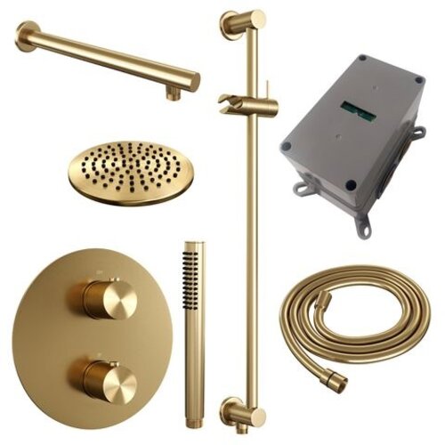 Brauer Brauer Gold Carving thermostatische inbouw regendouche 3-weg rond SET 85 met 20 cm douchekop en rechte muurarm en staaf handdouche en doucheslang en geïntegreerde glijstang goud geborsteld PVD | Geborsteld goud PVD | 20cm | Ja | Rechte wandarm | Staafmode