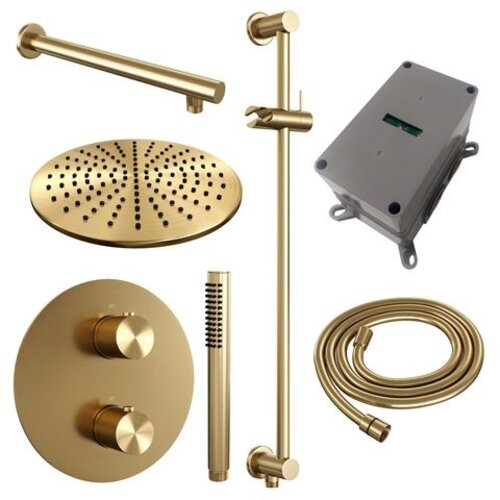 Brauer Brauer Gold Carving thermostatische inbouw regendouche 3-weg rond SET 86 met 30 cm douchekop en rechte muurarm en staaf handdouche en doucheslang en geïntegreerde glijstang goud geborsteld PVD | Geborsteld goud PVD | 30cm | Ja | Rechte wandarm | Staafmode
