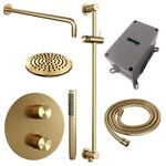 Brauer Brauer Gold Carving thermostatische inbouw regendouche 3-weg rond SET 87 met 20 cm douchekop en gebogen muurarm en staaf handdouche en doucheslang en geïntegreerde glijstang goud geborsteld PVD | Geborsteld goud PVD | 20cm | Ja | Gebogen wandarm | Staafmo