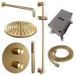 Brauer Brauer Gold Carving thermostatische inbouw regendouche 3-weg rond SET 88 met 30 cm douchekop en gebogen muurarm en staaf handdouche en doucheslang en geïntegreerde glijstang goud geborsteld PVD | Geborsteld goud PVD | 30cm | Ja | Gebogen wandarm | Staafmo