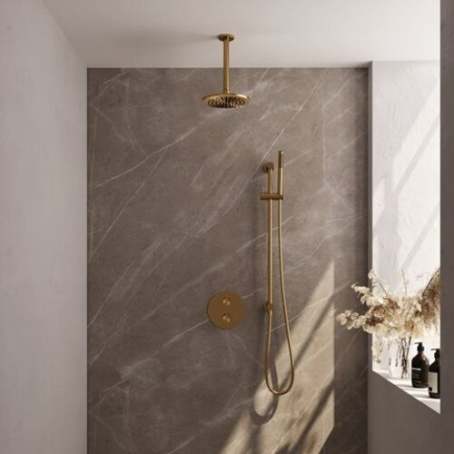 Brauer Brauer Gold Carving thermostatische inbouw regendouche 3-weg rond SET 89 met 20 cm douchekop en plafondarm en staaf handdouche en doucheslang en geïntegreerde glijstang goud geborsteld PVD | Geborsteld goud PVD | 20cm | Ja | Plafondbuis | Staafmodel