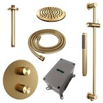Brauer Brauer Gold Carving thermostatische inbouw regendouche 3-weg rond SET 89 met 20 cm douchekop en plafondarm en staaf handdouche en doucheslang en geïntegreerde glijstang goud geborsteld PVD | Geborsteld goud PVD | 20cm | Ja | Plafondbuis | Staafmodel