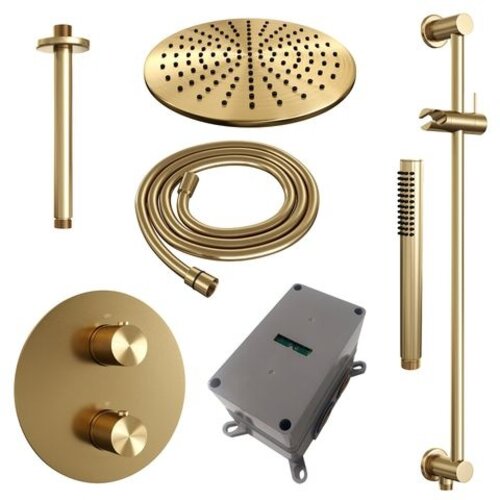 Brauer Brauer Gold Carving thermostatische inbouw regendouche 3-weg rond SET 90 met 30 cm douchekop en plafondarm en staaf handdouche en doucheslang en geïntegreerde glijstang goud geborsteld PVD | Geborsteld goud PVD | 30cm | Ja | Plafondbuis | Staafmodel