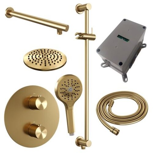 Brauer Brauer Gold Carving thermostatische inbouw regendouche 3-weg rond SET 91 met 20 cm douchekop en rechte muurarm en 3-standen handdouche en doucheslang en geïntegreerde glijstang goud geborsteld PVD | Geborsteld goud PVD | 20cm | Ja | Rechte wandarm | 3-sta