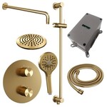 Brauer Brauer Gold Carving thermostatische inbouw regendouche 3-weg rond SET 93 met 20 cm douchekop en gebogen muurarm en 3-standen handdouche en doucheslang en geïntegreerde glijstang goud geborsteld PVD | Geborsteld goud PVD | 20cm | Ja | Gebogen wandarm | 3-s