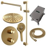 Brauer Brauer Gold Carving thermostatische inbouw regendouche 3-weg rond SET 94 met 30 cm douchekop en gebogen muurarm en 3-standen handdouche en doucheslang en geïntegreerde glijstang goud geborsteld PVD | Geborsteld goud PVD | 30cm | Ja | Gebogen wandarm | 3-s