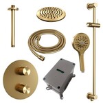 Brauer Brauer Gold Carving thermostatische inbouw regendouche 3-weg rond SET 95 met 20 cm douchekop en plafondarm en 3-standen handdouche en doucheslang en geïntegreerde glijstang goud geborsteld PVD | Geborsteld goud PVD | 20cm | Ja | Plafondbuis | 3-standen ha