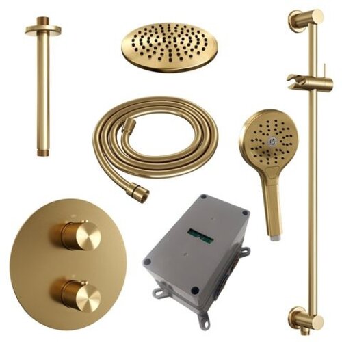 Brauer Brauer Gold Carving thermostatische inbouw regendouche 3-weg rond SET 95 met 20 cm douchekop en plafondarm en 3-standen handdouche en doucheslang en geïntegreerde glijstang goud geborsteld PVD | Geborsteld goud PVD | 20cm | Ja | Plafondbuis | 3-standen ha