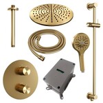 Brauer Brauer Gold Carving thermostatische inbouw regendouche 3-weg rond SET 96 met 30 cm douchekop en plafondarm en 3-standen handdouche en doucheslang en geïntegreerde glijstang goud geborsteld PVD | Geborsteld goud PVD | 30cm | Ja | Plafondbuis | 3-standen ha