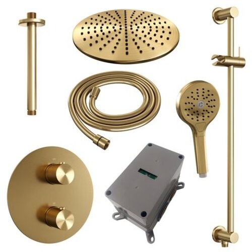 Brauer Brauer Gold Carving thermostatische inbouw regendouche 3-weg rond SET 96 met 30 cm douchekop en plafondarm en 3-standen handdouche en doucheslang en geïntegreerde glijstang goud geborsteld PVD | Geborsteld goud PVD | 30cm | Ja | Plafondbuis | 3-standen ha