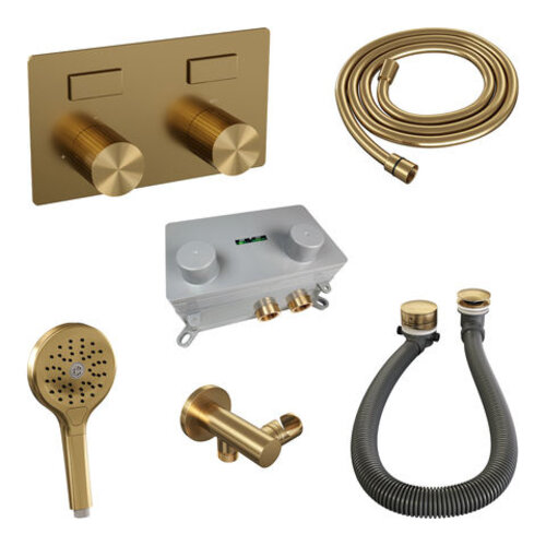 Brauer Brauer Stripe thermostatische inbouw badkraan met drukknoppen SET 04 met badvulcombinatie en 3-standen handdouche en doucheslang en wandaansluitbocht goud geborsteld PVD | Geborsteld goud PVD | 3-standen handdouche