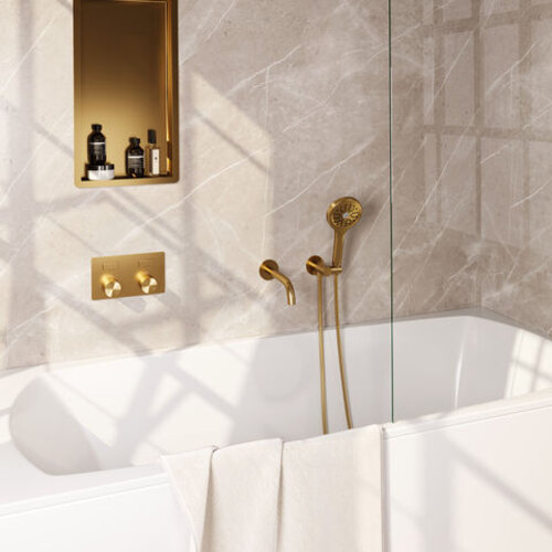 Brauer Brauer Stripe thermostatische inbouw badkraan met drukknoppen SET 04 met uitloop en 3-standen handdouche en doucheslang en wandaansluitbocht goud geborsteld PVD | Geborsteld goud PVD | 3-standen handdouche