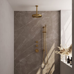 Brauer Brauer Stripe thermostatische inbouw regendouche SET 09 met 25 cm douchekop en plafondarm en staaf handdouche en doucheslang en geïntegreerde glijstang goud geborsteld PVD | Geborsteld goud PVD | Ja | Plafondbuis | Staafhanddouche Brauer Stripe thermostatische inbouw regendouche SET 09 met 25 cm douchekop en plafondarm en staaf handdouche en doucheslang en geïntegreerde glijstang goud geborsteld PVD | Geborsteld goud PVD | Ja | Plafondbuis | Staafhanddouche