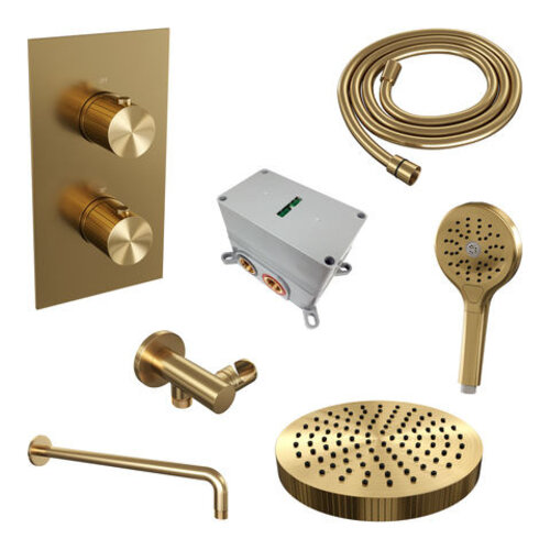 Brauer Stripe thermostatische inbouw regendouche 3-weg rechthoekig SET 17 met 25 cm douchekop en gebogen muurarm en 3-standen handdouche en doucheslang en wandaansluitbocht goud geborsteld PVD | Geborsteld goud PVD | Nee | Gebogen wandarm | 3-standen hand Brauer Brauer Stripe thermostatische inbouw regendouche 3-weg rechthoekig SET 17 met 25 cm douchekop en gebogen muurarm en 3-standen handdouche en doucheslang en wandaansluitbocht goud geborsteld PVD | Geborsteld goud PVD | Nee | Gebogen wandarm | 3-standen hand