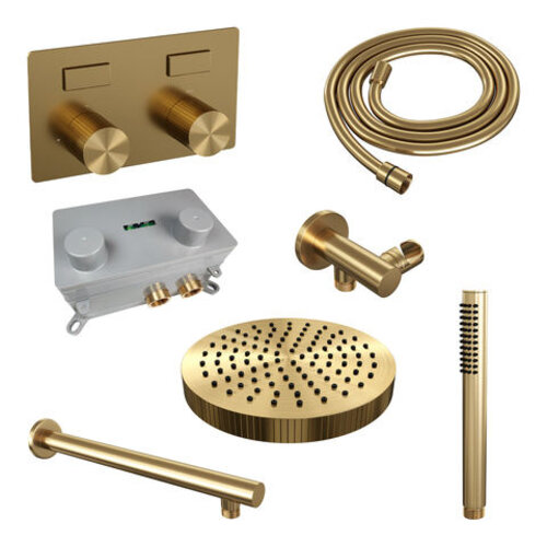 Brauer Stripe thermostatische inbouw regendouche met drukknoppen SET 25 met 25 cm douchekop en rechte muurarm en staaf handdouche en doucheslang en wandaansluitbocht goud geborsteld PVD | Geborsteld goud PVD | Nee | Rechte wandarm | Staafhanddouche Brauer Brauer Stripe thermostatische inbouw regendouche met drukknoppen SET 25 met 25 cm douchekop en rechte muurarm en staaf handdouche en doucheslang en wandaansluitbocht goud geborsteld PVD | Geborsteld goud PVD | Nee | Rechte wandarm | Staafhanddouche