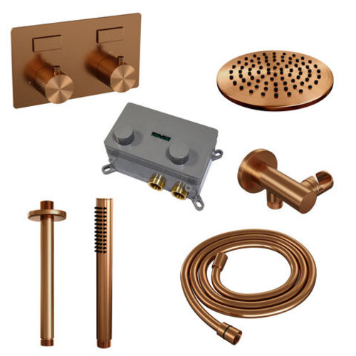 Brauer Brauer Copper Carving thermostatische inbouw regendouche met drukknoppen SET 53 met 20 cm douchekop en plafondarm en staaf handdouche en doucheslang en wandaansluitbocht koper geborsteld PVD | Geborsteld koper PVD | 20cm | Nee | Plafondbuis | Staafmodel