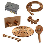 Brauer Brauer Copper Carving thermostatische inbouw regendouche met drukknoppen SET 56 met 30 cm douchekop en rechte muurarm en 3-standen handdouche en doucheslang en wandaansluitbocht koper geborsteld PVD | Geborsteld koper PVD | 30cm | Nee | Rechte wandarm | R