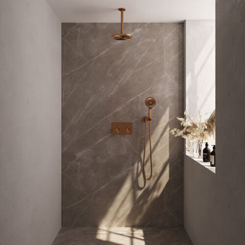 Brauer Brauer Copper Carving thermostatische inbouw regendouche met drukknoppen SET 59 met 20 cm douchekop en plafondarm en 3-standen handdouche en doucheslang en wandaansluitbocht koper geborsteld PVD | Geborsteld koper PVD | 20cm | Nee | Plafondbuis | Rond mod