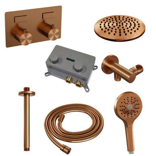 Brauer Brauer Copper Carving thermostatische inbouw regendouche met drukknoppen SET 59 met 20 cm douchekop en plafondarm en 3-standen handdouche en doucheslang en wandaansluitbocht koper geborsteld PVD | Geborsteld koper PVD | 20cm | Nee | Plafondbuis | Rond mod