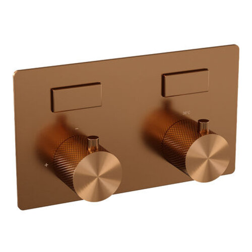 Brauer Brauer Copper Carving thermostatische inbouw regendouche met drukknoppen SET 70 met 30 cm douchekop en gebogen muurarm en 3-standen handdouche en doucheslang en geïntegreerde glijstang koper geborsteld PVD | Geborsteld koper PVD | 30cm | Ja | Gebogen wand