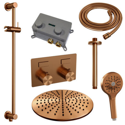 Brauer Brauer Copper Carving thermostatische inbouw regendouche met drukknoppen SET 72 met 30 cm douchekop en plafondarm en 3-standen handdouche en doucheslang en geïntegreerde glijstang koper geborsteld PVD | Geborsteld koper PVD | 30cm | Ja | Plafondbuis | Ron