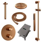 Brauer Brauer Copper Edition thermostatische inbouw regendouche 3-weg rond SET 89 met 20 cm douchekop en plafondarm en staaf handdouche en doucheslang en geïntegreerde glijstang koper geborsteld PVD | Geborsteld koper PVD | 20cm | Ja | Plafondbuis | Staafmodel