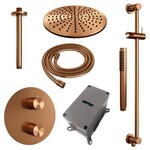 Brauer Brauer Copper Edition thermostatische inbouw regendouche 3-weg rond SET 90 met 30 cm douchekop en plafondarm en staaf handdouche en doucheslang en geïntegreerde glijstang koper geborsteld PVD | Geborsteld koper PVD | 30cm | Ja | Plafondbuis | Staafmodel