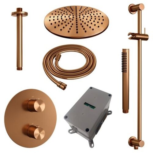 Brauer Brauer Copper Edition thermostatische inbouw regendouche 3-weg rond SET 90 met 30 cm douchekop en plafondarm en staaf handdouche en doucheslang en geïntegreerde glijstang koper geborsteld PVD | Geborsteld koper PVD | 30cm | Ja | Plafondbuis | Staafmodel