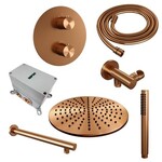 Brauer Brauer Copper Carving thermostatische inbouw regendouche 3-weg rond SET 74 met 30 cm douchekop en rechte muurarm en staaf handdouche en doucheslang en wandaansluitbocht koper geborsteld PVD | Geborsteld koper PVD | 30cm | Nee | Rechte wandarm | Staafmodel