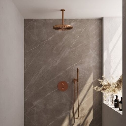 Brauer Brauer Copper Carving thermostatische inbouw regendouche 3-weg rond SET 78 met 30 cm douchekop en plafondarm en staaf handdouche en doucheslang en wandaansluitbocht koper geborsteld PVD | Geborsteld koper PVD | 30cm | Nee | Plafondbuis | Staafmodel