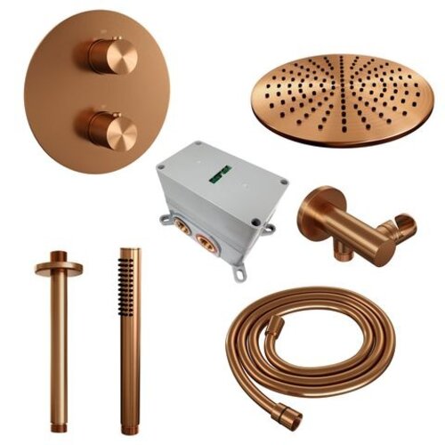 Brauer Brauer Copper Carving thermostatische inbouw regendouche 3-weg rond SET 78 met 30 cm douchekop en plafondarm en staaf handdouche en doucheslang en wandaansluitbocht koper geborsteld PVD | Geborsteld koper PVD | 30cm | Nee | Plafondbuis | Staafmodel