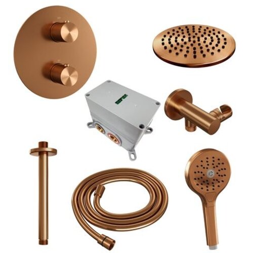 Brauer Brauer Copper Carving thermostatische inbouw regendouche 3-weg rond SET 83 met 20 cm douchekop en plafondarm en 3-standen handdouche en doucheslang en wandaansluitbocht koper geborsteld PVD | Geborsteld koper PVD | 20cm | Nee | Plafondbuis | 3-standen han