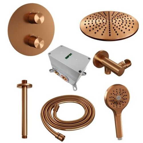 Brauer Brauer Copper Carving thermostatische inbouw regendouche 3-weg rond SET 84 met 30 cm douchekop en plafondarm en 3-standen handdouche en doucheslang en wandaansluitbocht koper geborsteld PVD | Geborsteld koper PVD | 30cm | Nee | Plafondbuis | 3-standen han