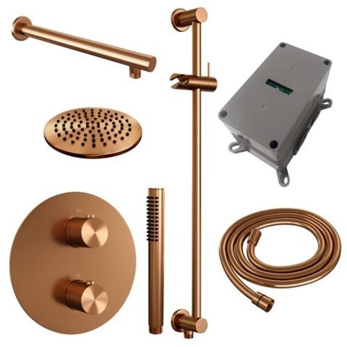 Brauer Brauer Copper Carving thermostatische inbouw regendouche 3-weg rond SET 85 met 20 cm douchekop en rechte muurarm en staaf handdouche en doucheslang en geïntegreerde glijstang koper geborsteld PVD | Geborsteld koper PVD | 20cm | Ja | Rechte wandarm | Staaf