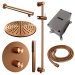 Brauer Brauer Copper Carving thermostatische inbouw regendouche 3-weg rond SET 86 met 30 cm douchekop en rechte muurarm en staaf handdouche en doucheslang en geïntegreerde glijstang koper geborsteld PVD | Geborsteld koper PVD | 30cm | Ja | Rechte wandarm | Staaf