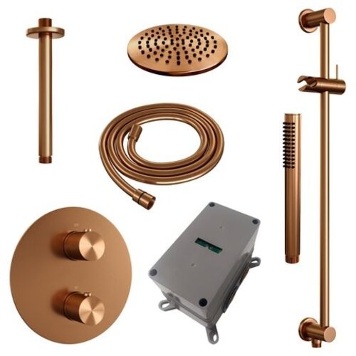 Brauer Brauer Copper Carving thermostatische inbouw regendouche 3-weg rond SET 89 met 20 cm douchekop en plafondarm en staaf handdouche en doucheslang en geïntegreerde glijstang koper geborsteld PVD | Geborsteld koper PVD | 20cm | Ja | Plafondbuis | Staafmodel