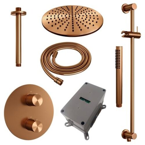 Brauer Brauer Copper Carving thermostatische inbouw regendouche 3-weg rond SET 90 met 30 cm douchekop en plafondarm en staaf handdouche en doucheslang en geïntegreerde glijstang koper geborsteld PVD | Geborsteld koper PVD | 30cm | Ja | Plafondbuis | Staafmodel