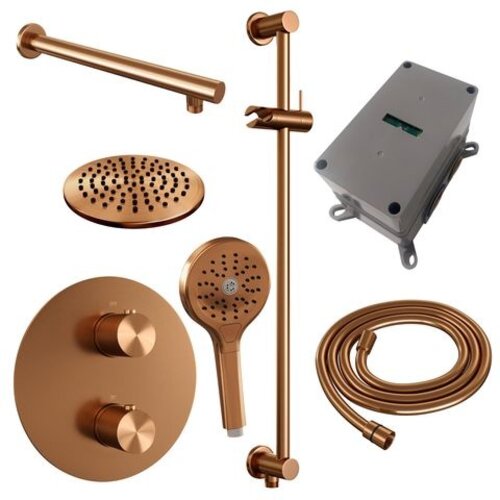 Brauer Brauer Copper Carving thermostatische inbouw regendouche 3-weg rond SET 91 met 20 cm douchekop en rechte muurarm en 3-standen handdouche en doucheslang en geïntegreerde glijstang koper geborsteld PVD | Geborsteld koper PVD | 20cm | Ja | Rechte wandarm | 3