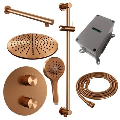 Brauer Brauer Copper Carving thermostatische inbouw regendouche 3-weg rond SET 92 met 30 cm douchekop en rechte muurarm en 3-standen handdouche en doucheslang en geïntegreerde glijstang koper geborsteld PVD | Geborsteld koper PVD | 30cm | Ja | Rechte wandarm | 3