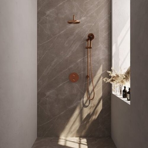 Brauer Brauer Copper Carving thermostatische inbouw regendouche 3-weg rond SET 93 met 20 cm douchekop en gebogen muurarm en 3-standen handdouche en doucheslang en geïntegreerde glijstang koper geborsteld PVD | Geborsteld koper PVD | 20cm | Ja | Gebogen wandarm |